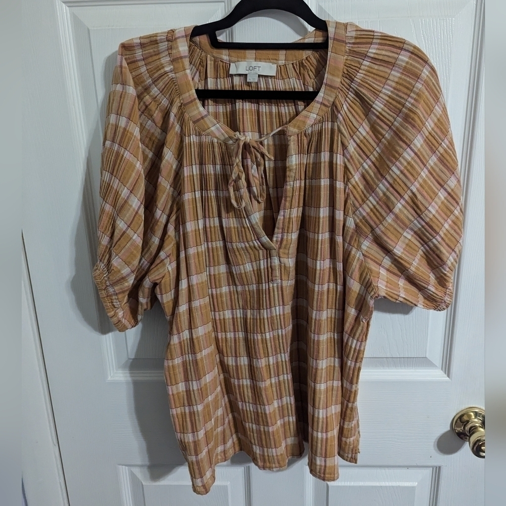 Ann Taylor LOFT Womens XL Shirt Top Orange Tie Short Sleeve Blouse Plaid